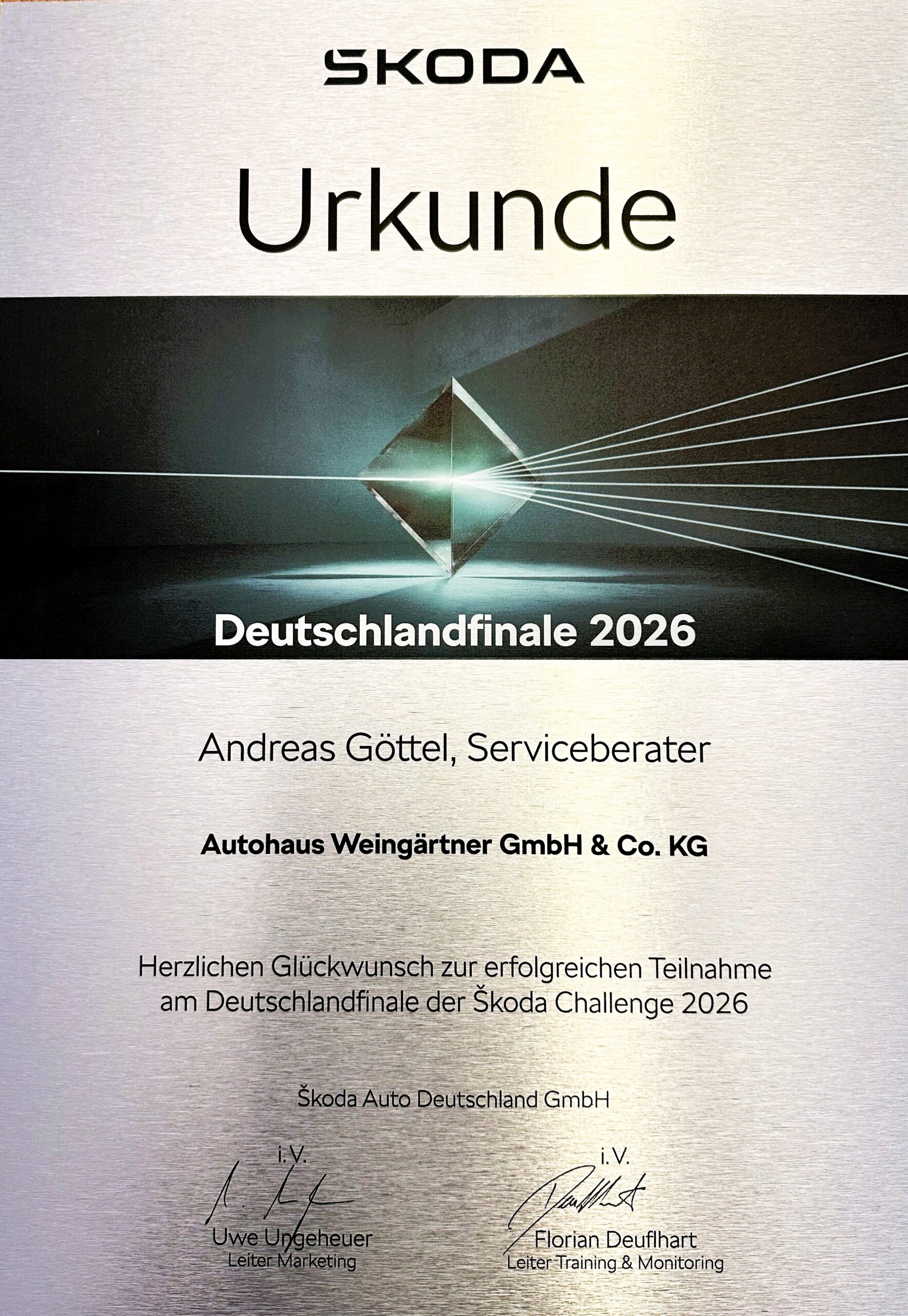 Urkunde der ŠKODA Challenge Deutschlandfinale 2026 für Andreas Göttel